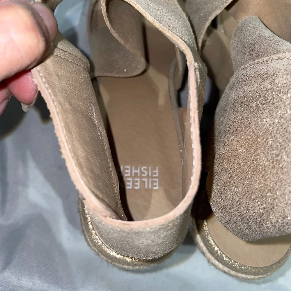 Eileen Fisher‎ Gold Metallic Suede Espadrille Wedge Sandals Womens Strappy Shoes